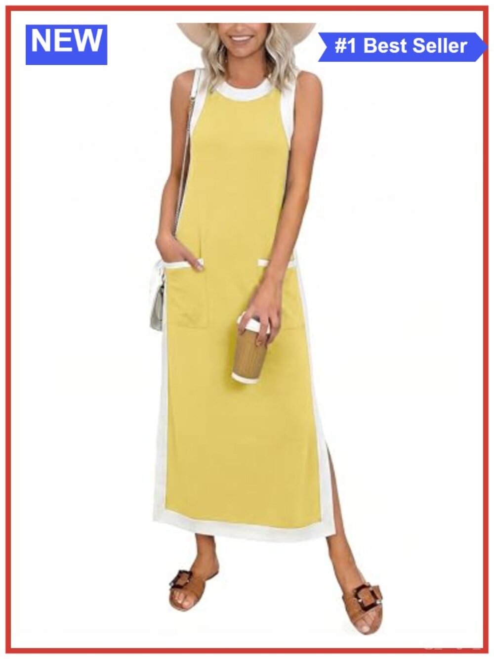 Polyester Blend Maxi Dress Sleeveless Crewneck Side Split Beach Cover Up with